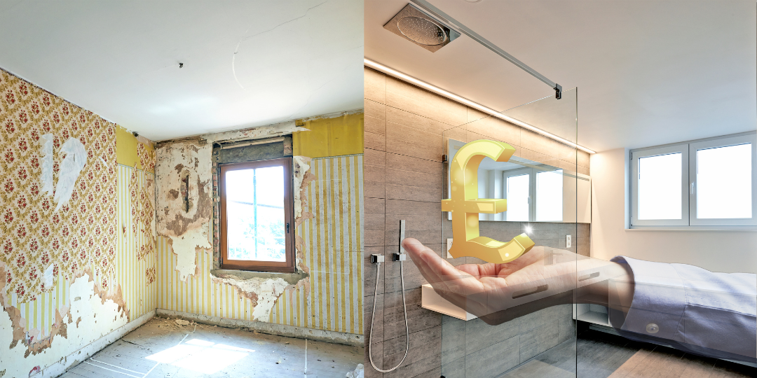 Before and after house renovation showcasing the value increase for house flipping in London real estate.