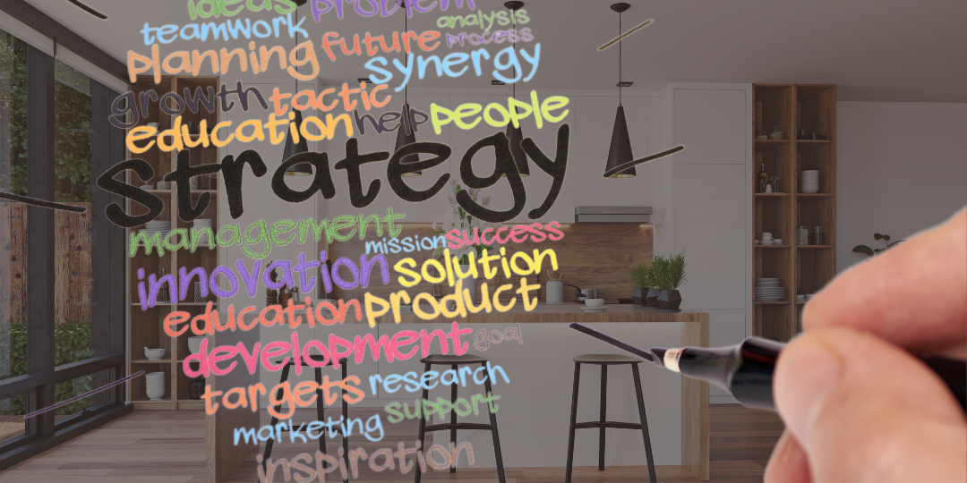 Interior renovation strategy plan with business terms for successful house flipping and property resale.
