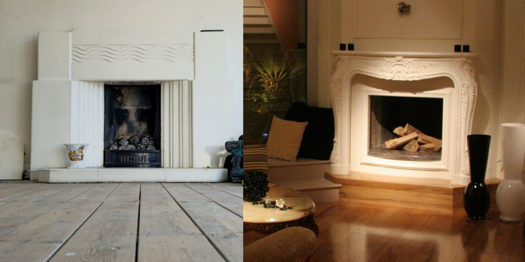 Before and after of a fireplace renovation showing the transformation from outdated and plain to refined bespoke design in a modern home setting