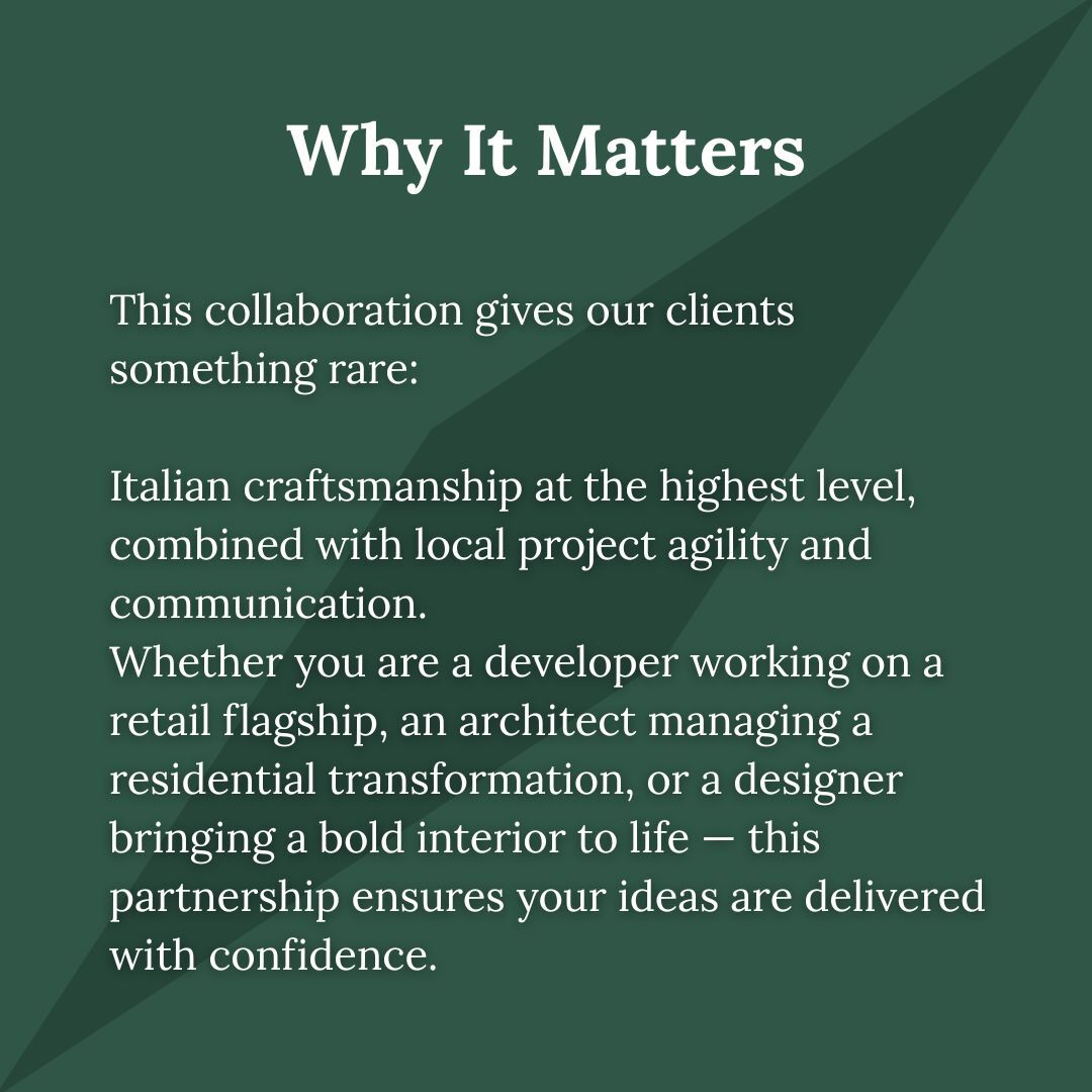Branded green graphic explaining the value of the Points of View and Gruppo Italiana Montaggi collaboration, highlighting Italian craftsmanship and local project agility.