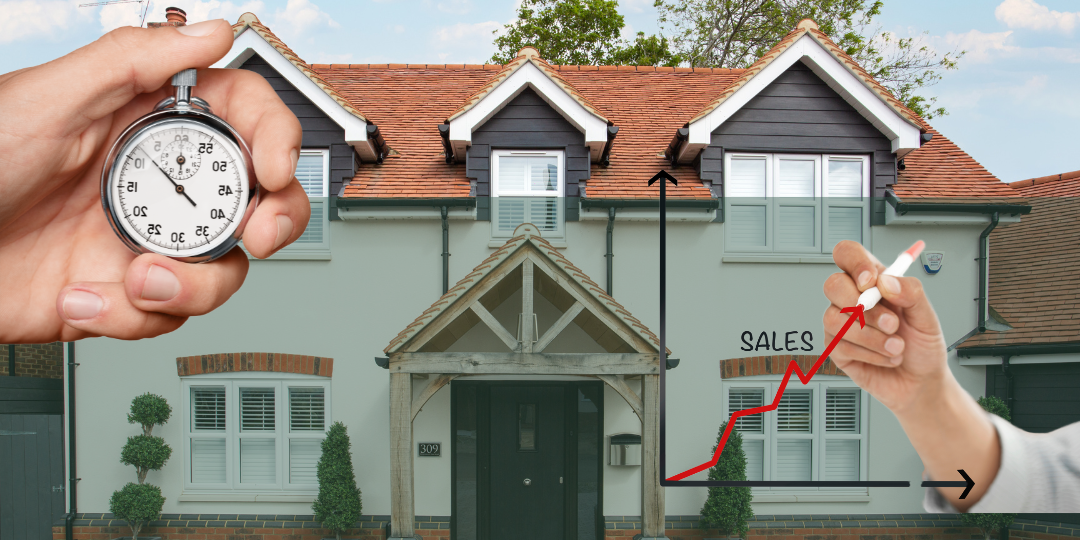 Modern house with sales growth chart and stopwatch symbolising fast profitable house reselling strategies.