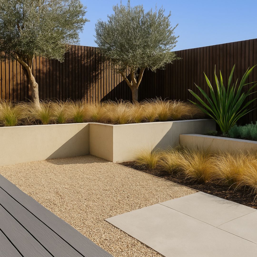 A modern garden layout with composite decking, gravel, and large paving slabs, surrounded by low maintenance landscaping and raised planters