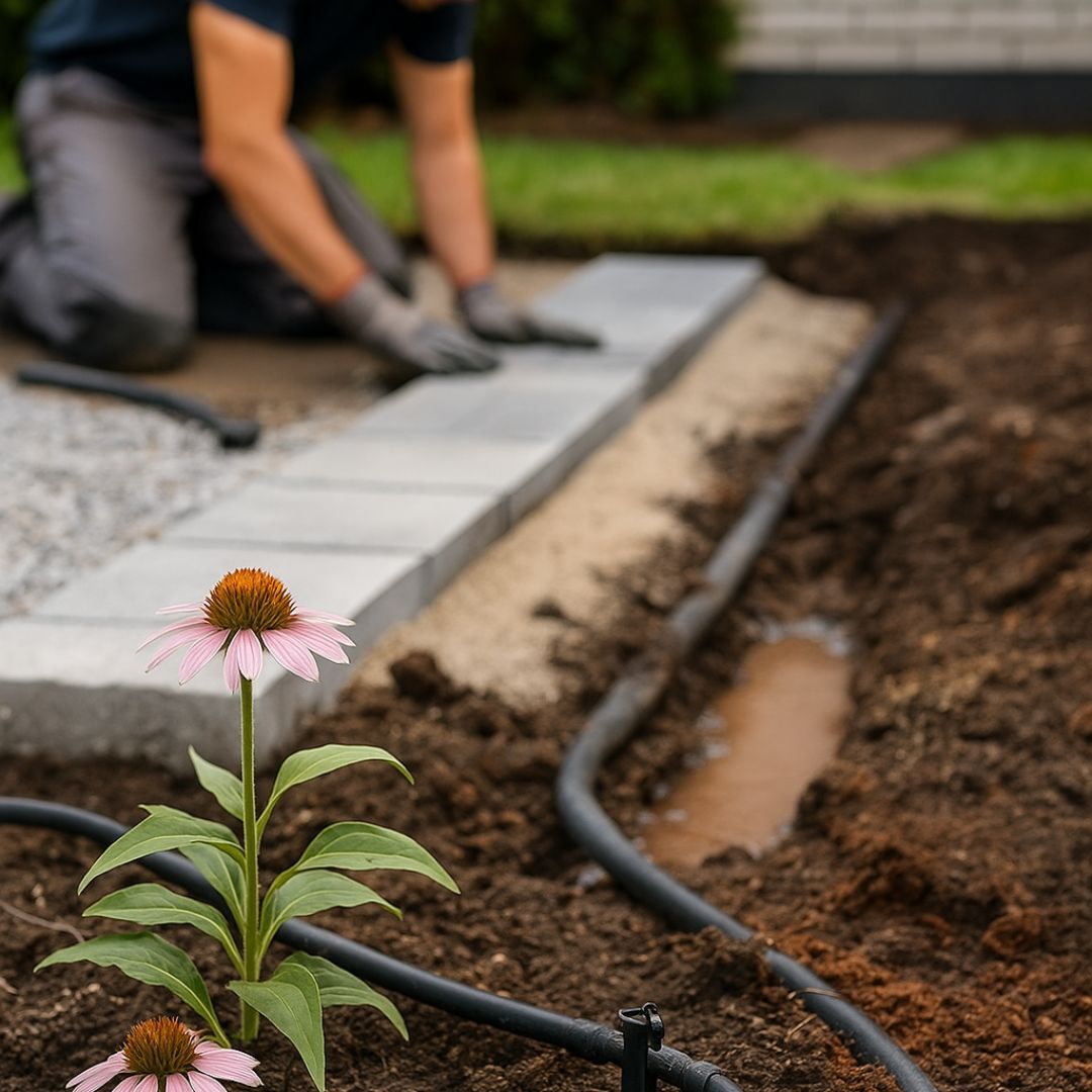 A landscaper installs paving stones beside a drip irrigation system surrounded by flowering plants and rich garden soil