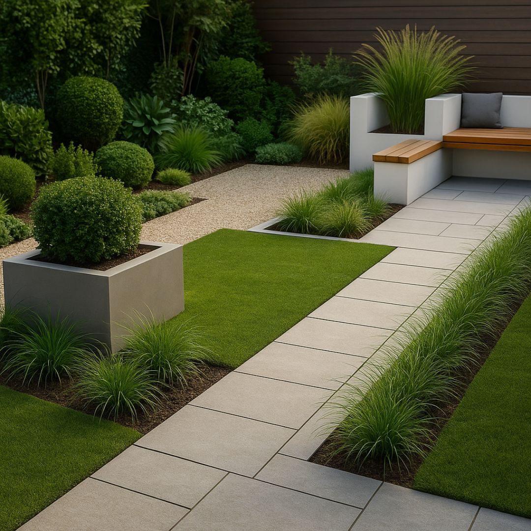 A well-planned garden layout featuring a paved seating area with integrated planters, ornamental grasses, and clean architectural lines designed for low maintenance and maximum impact
