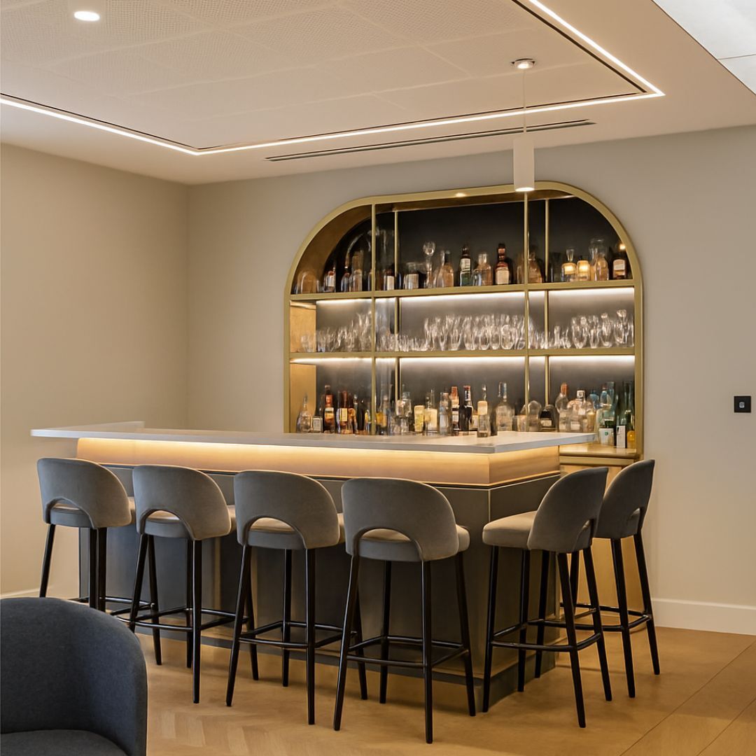 Finished commercial interior with bespoke ceiling and lighting