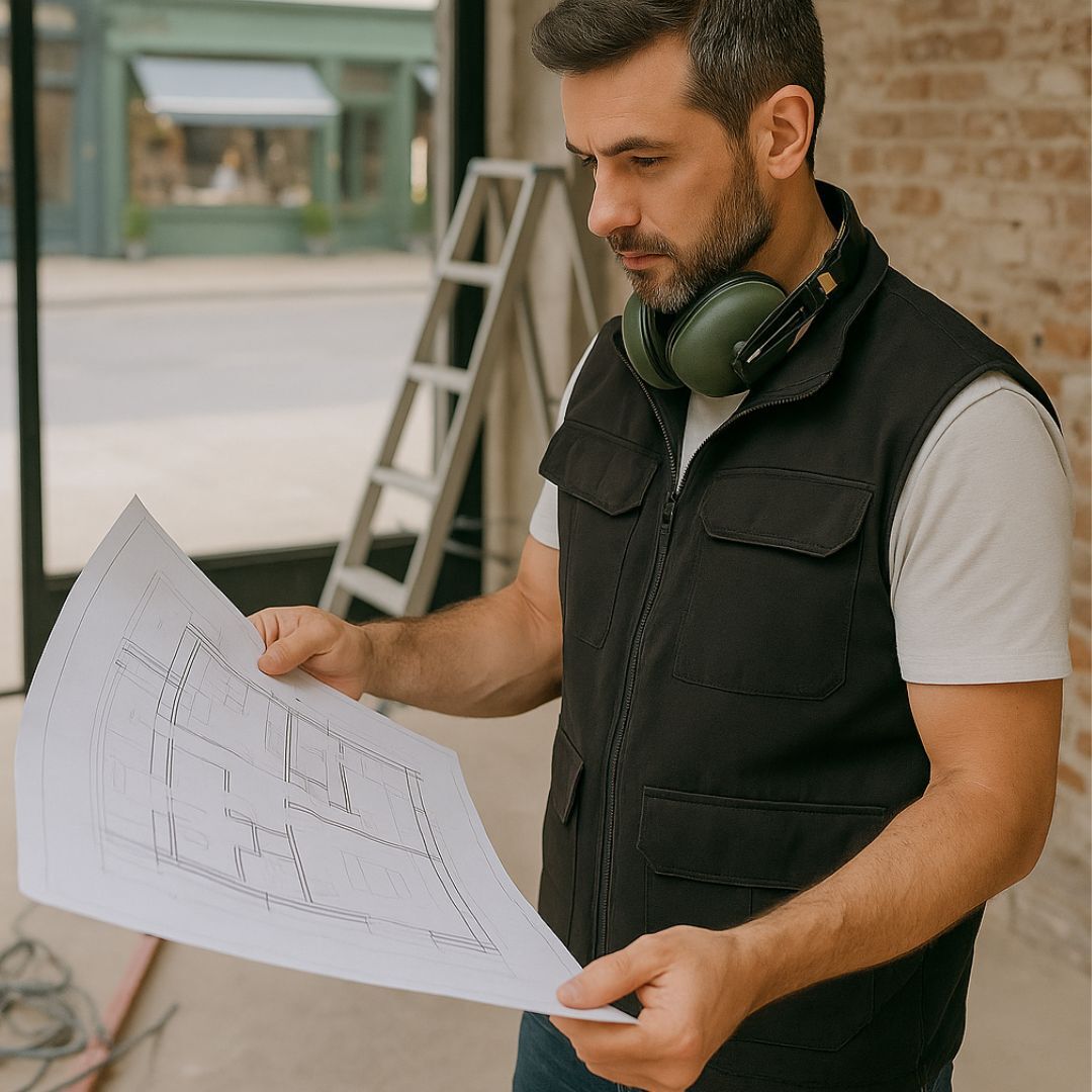 Contractor reviewing shop drawings on commercial site
