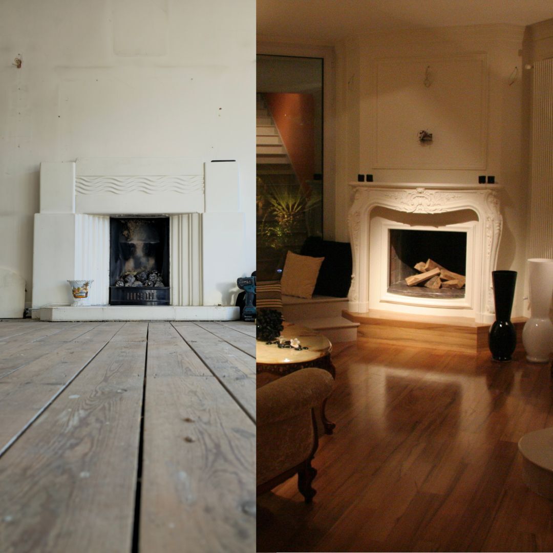 Fireplace before and after renovation showing the transformation from outdated feature to refined bespoke centrepiece