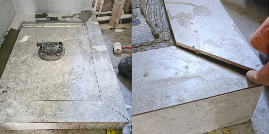 Two parts picture showcasing points of view completed shower tray platform project on the left and a working in progress of marble fitting on right hand side.