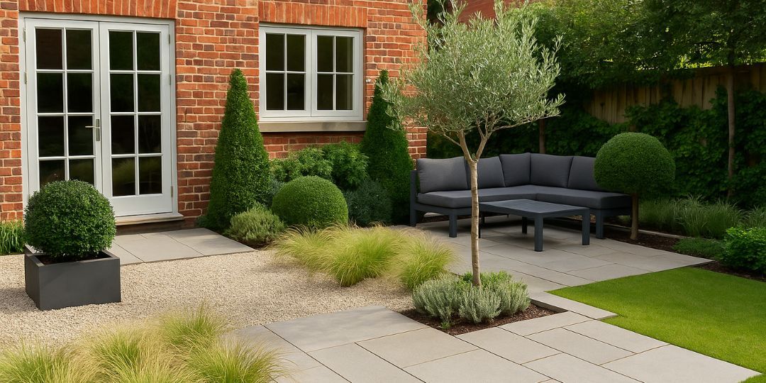 A landscaped British garden with gravel, paving, topiary, and a corner sofa set against a red brick house, designed for low maintenance.