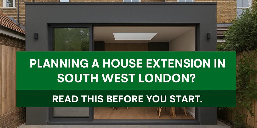 A promotional digital graphic features a modern house extension in South West London with green text box inviting readers to plan their extension.